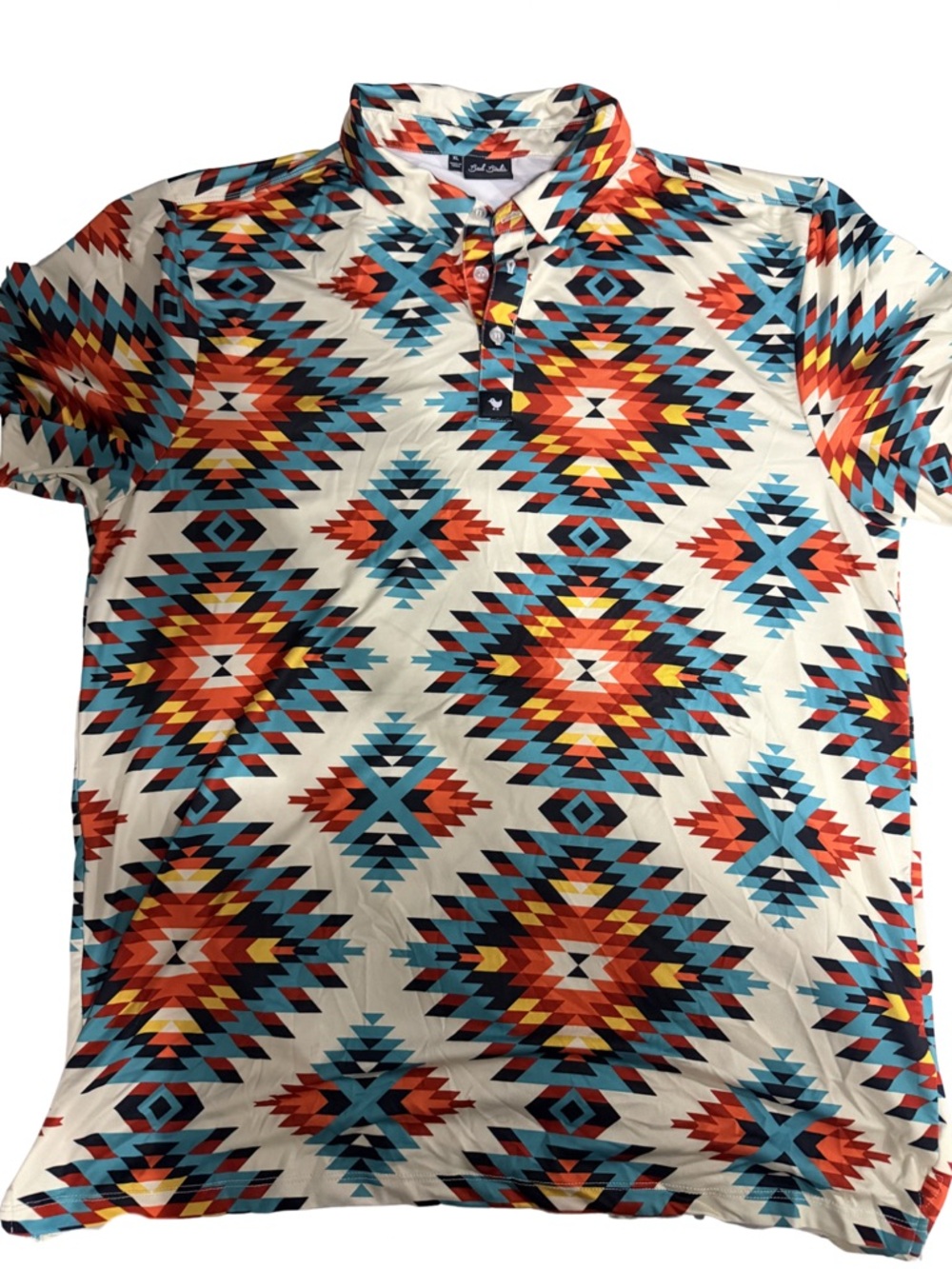 Bad Birdie Aztec Print Short Sleeve Polo - Cream with Turquoise & Red